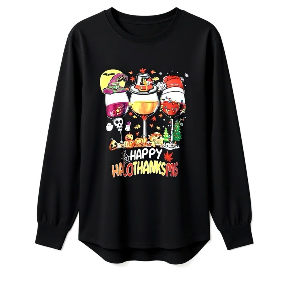Happy Hallothanksmas Black V-Neck Long-sleeve T-Shirt